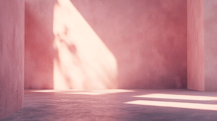 Fototapeta premium Blush Pink Room with Shadows and Soft Light Creating an Elegant Minimalist Interior Design Featuring Smooth Textured Walls and Contemporary Aesthetic Perfect for Stylish and Artistic Backgrounds