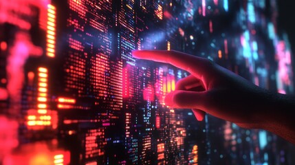 Naklejka premium Hand interacting with digital data stream; futuristic interface background; tech concept