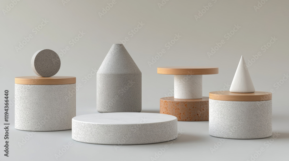 Poster white pillar display pedestals in different geometric shape. realistic 3d vector platform mockup - s