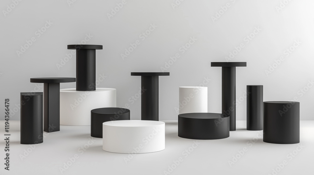 Poster white pillar display pedestals in different geometric shape. realistic 3d vector platform mockup - s