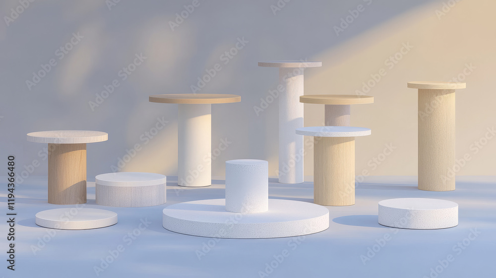 Poster white pillar display pedestals in different geometric shape. realistic 3d vector platform mockup - s