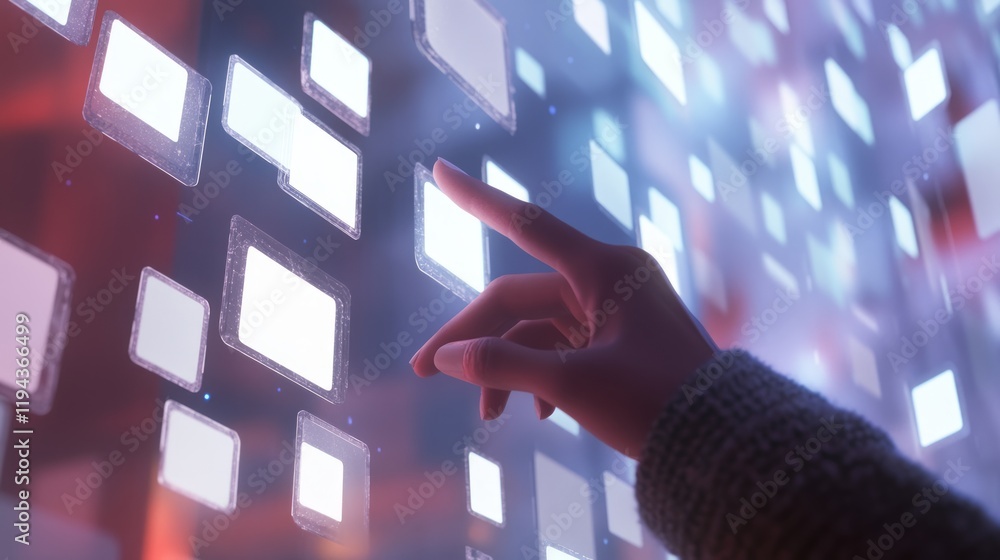 Poster hand interacts with digital interface, futuristic background. tech concept
