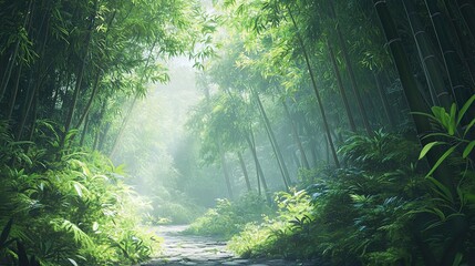 Obraz premium A bamboo forest with light streaming through tall, lush stalks, creating a serene atmosphere