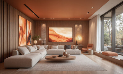 Smart living room in copper rose, featuring AI-powered furniture that adjusts to individual comfort preferences and interactive walls displaying digital