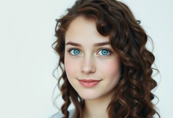 Naklejka premium Portrait of a 16-year-old female with curly brown hair and bright green eyes