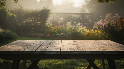 Naklejka premium A desolate wooden table stands in the foreground, while the lively atmosphere of a garden party unfolds in the hazy background. 