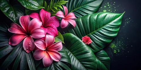 Naklejka premium Lush Tropical Flowers and Vibrant Green Foliage with Dew Drops