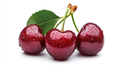 A photostock of bright red cherries with water droplets and green stems, isolated on a clean white background, fresh and appetizing, High Quality