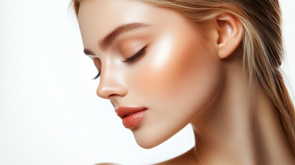 Fototapeta premium Close-up of a blonde woman with tied-back hair, radiant skin, minimal makeup in peach tones, soft lighting, and a gentle expression against a white background