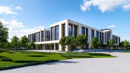 Modern Architectural Office Building Surrounded by Green Landscape