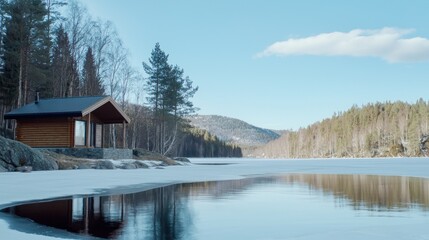Fototapeta premium Serene lakeside cabin surrounded by winter landscape and trees.