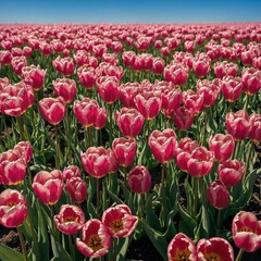 Fototapeta premium Pink tulips in full bloom in a field with a clear blue sky above.