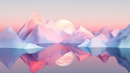 A digital illustration of a mystical panorama, featuring a combination of distinct geometric shapes and billowing hills reflected against the backdrop of a tranquil body of water. 