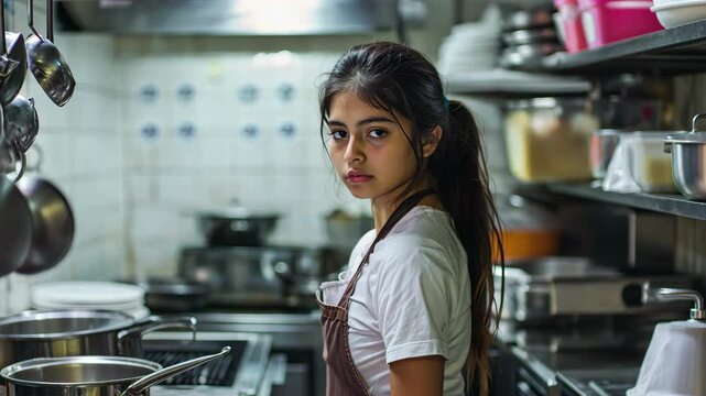 Undocumented immigrant latino teenage girl with long black hair in a ponytail wearing an apron with a serious look on her face working in a restaurant kitchen.