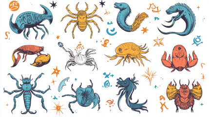 Seamless  horizontal pattern of zodiac signs, doodles,  object, taurus,aries,sagittarius , copy space. Hand drawn.