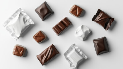 Blank wrappers of candies and chocolates, 3d white plastic packs. Vector realistic mockup of sweets wraps, empty template of packages for bonbon, snacks and hard sugar candies