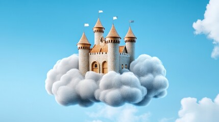 Dreamy Castle Surrounded by Clouds in a Bright Blue Sky