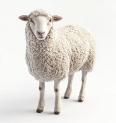 Fototapeta premium 3D render of a sheep on a white background, highly detailed and realistic, cute and fluffy, looking at the camera,