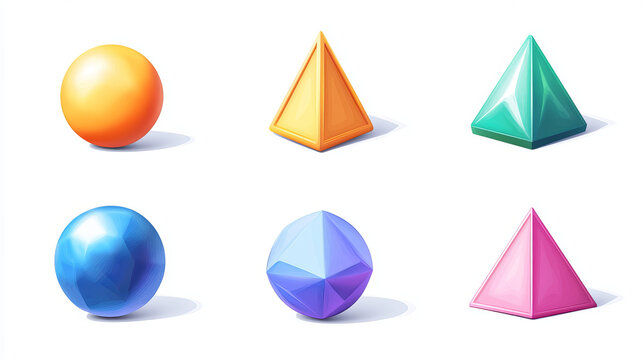 Geometric 3d shapes hemisphere, octahedron, sphere and torus, cone, cylinder and pyramid with icosahedron. Basic voluminous geometry figures for education, Realistic vector illustration, icons set