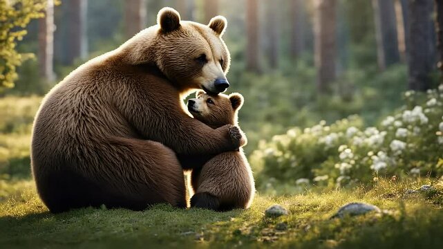Cartoon depiction mother bear tenderly holding baby cub capturing sweet loving moment in delightful
