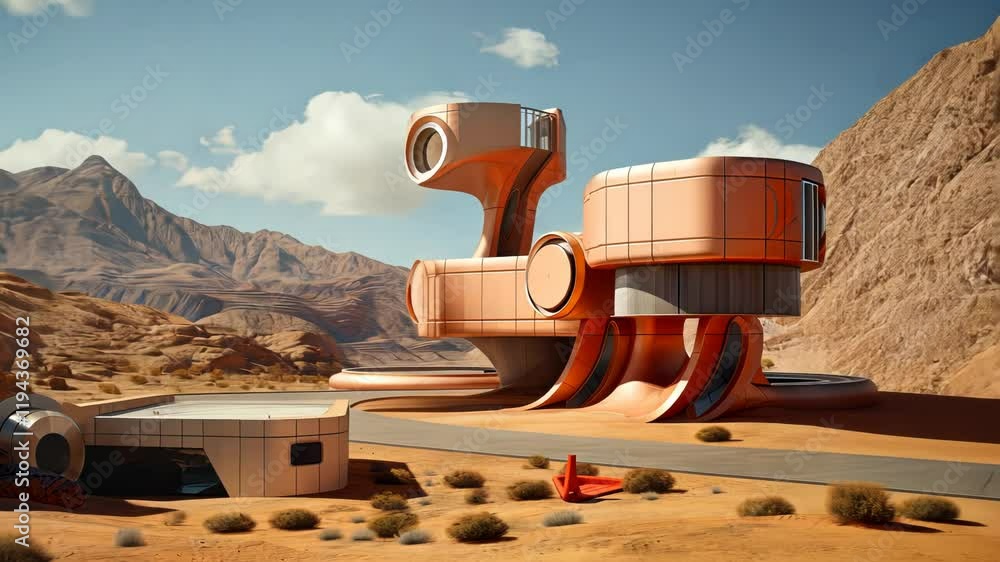 Poster retro futuristic architecture in sci-fi scene on the desert planet. alien landscape with nostalgic r
