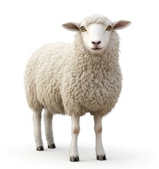 3D render of a sheep on a white background, highly detailed and realistic, cute and fluffy, looking at the camera,