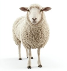 Fototapeta premium 3D render of a sheep on a white background, highly detailed and realistic, cute and fluffy, looking at the camera,