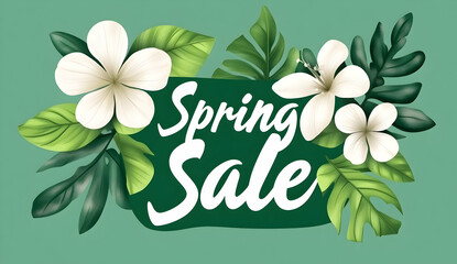 Spring sale banner with flowers and leaves on pastel green background