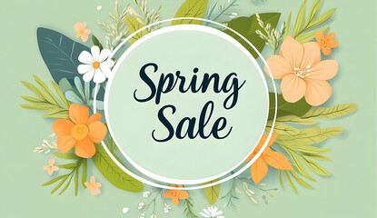 Spring sale banner with flowers and leaves on pastel green background