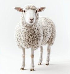 Fototapeta premium 3D render of a sheep on a white background, highly detailed and realistic, cute and fluffy, looking at the camera,