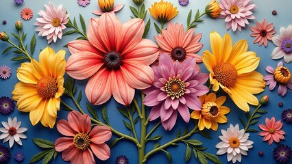 Fototapeta premium A vibrant cluster of paper quilled flowers adorns a blue wall, artfully branching out with a central pink daisy, creating an enchanting indoor floral display