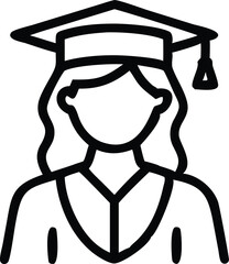 graduate, academic cap, mortarboard, tassel, female student, line art, icon, simple design, minimal, black and white, outline, vector illustration, graduation ceremony, educational achievement, univer