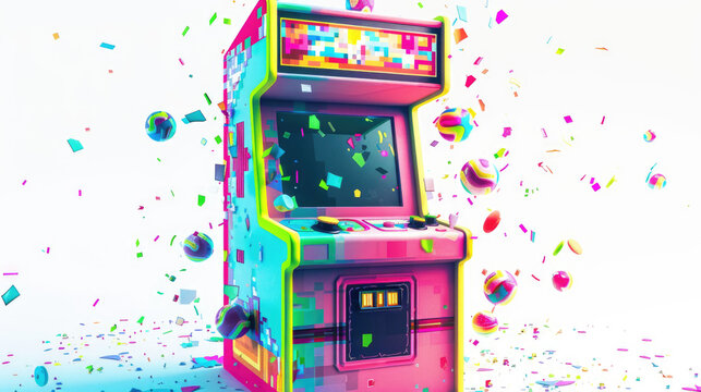 Neon arcade machine glowing with vibrant colors and scattered dynamic particles, retro-futuristic vibes