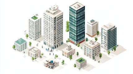Isometric city skyline, buildings, people, trees, urban landscape, real estate