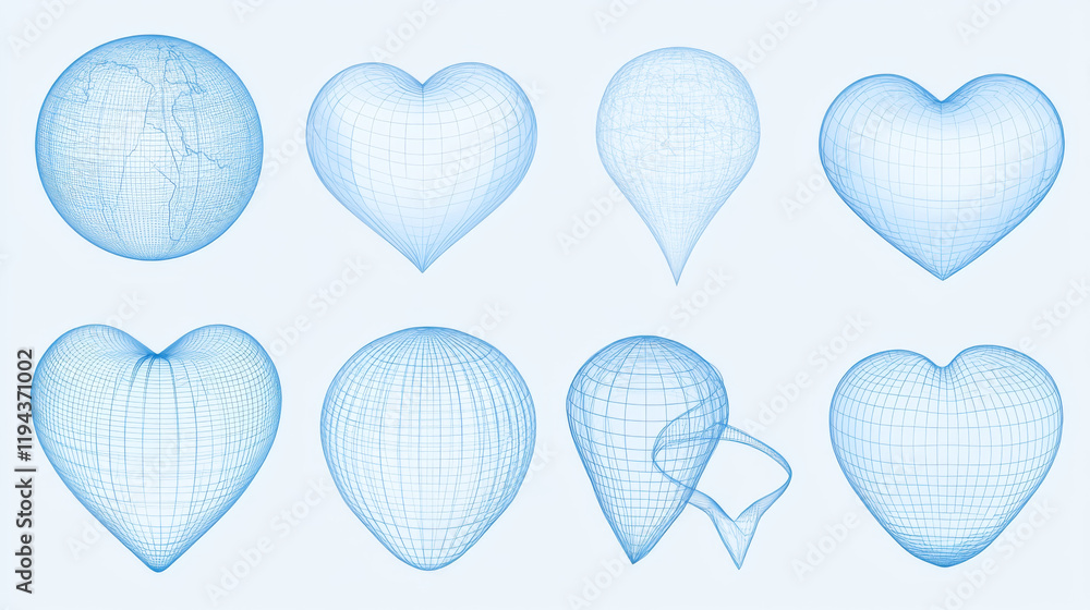 Poster 3d set of wireframe geometric figures isolated on transparent background. vector realistic illustrat
