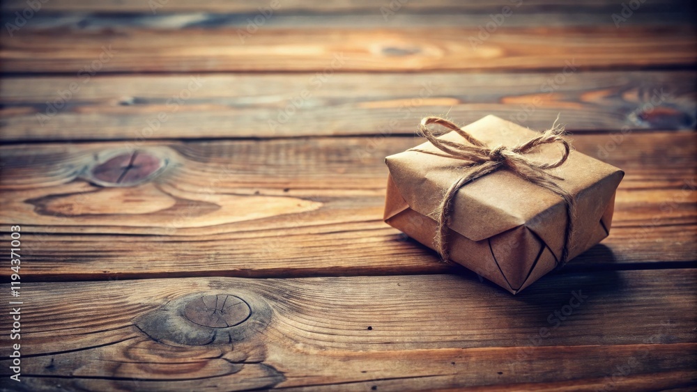 Aufkleber a small gift wrapped in rustic paper and tied with twine sits on a weathered wooden surface