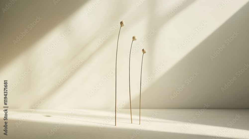 Poster minimalist composition of three tall stems silhouetted against soft light casting shadows on a smoot