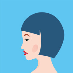 Portrait of a fashion woman. The head in profile of a European brunette woman. Face of girl. Flat design for for landing page, banner, social Media Avatar. Color vector illustration.