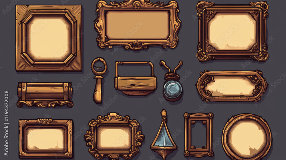 Poster realistic set of vintage avatar frames and game buttons isolated on black background. vector illustr