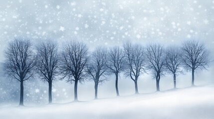 Bare Trees Line Snowy Hillside Under Falling Snow
