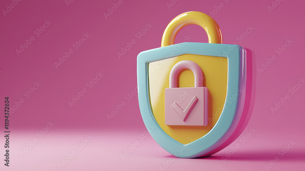 Aufkleber 3d render shield with padlock and tick sign. concept of privacy, good password, secure data protecti