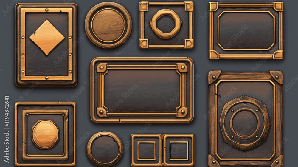 Poster realistic set of vintage avatar frames and game buttons isolated on black background. vector illustr