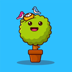 illustration cute cartoon tree with bird