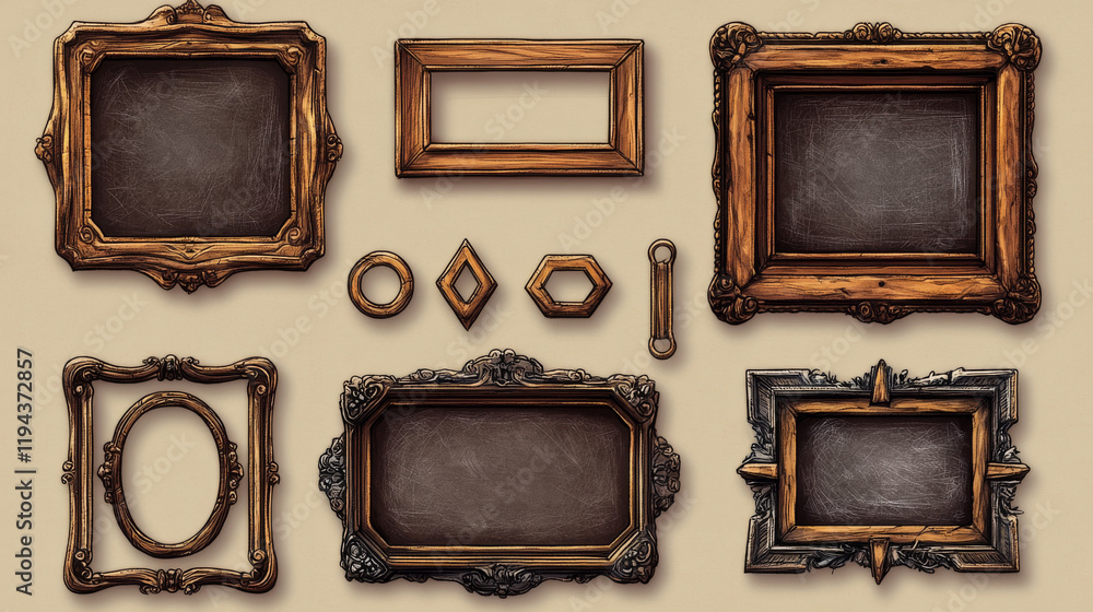 Poster realistic set of vintage avatar frames and game buttons isolated on black background. vector illustr