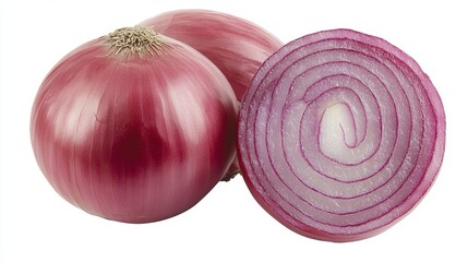 A red onion has been halved and isolated on a plain white background, revealing its layers and vibrant red color. 