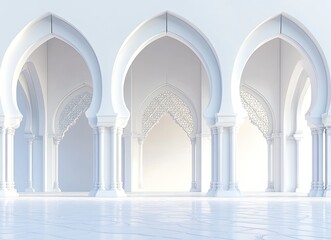 Fototapeta premium 3D rendering of a white Islamic background with Islamic arches and geometric patterns. The background is white, 