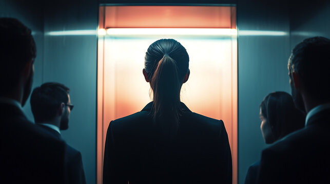 Business woman in an elevator with professional team, symbolizing leadership, teamwork, ambition, and career growth in corporate setting with dramatic lighting