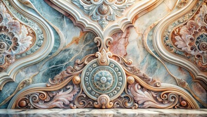 Intricate Ornate Marble Wall Decor with Swirling Designs and Gilded Accents Featuring a Central Floral Motif and a Polished Surface Ideal for Display