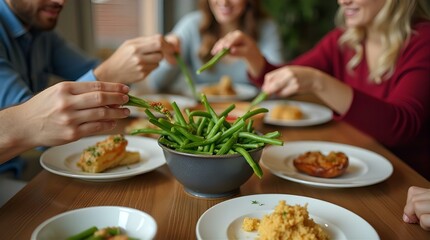 A Family Gathering around a Wooden Table, Sharing Green Beans and a Delicious Meal, Top-Down, Shallow Depth of Field, Warm Lighting, Soft Blur Background, Cozy Scene