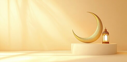 3D rendering of a white podium with a golden crescent moon and lantern for product presentation on a beige background, 